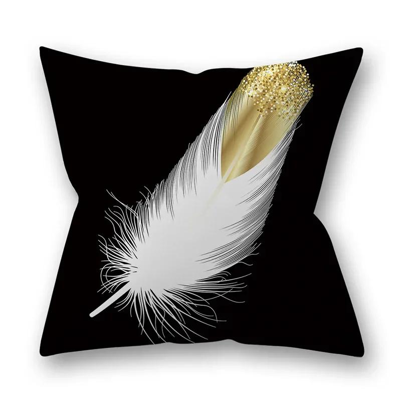 45x45cm Golden Feather Black Pillowcase Custom Leaves Plants Cushion Cover Sofa Living Room Home Decor Square Pillowslip