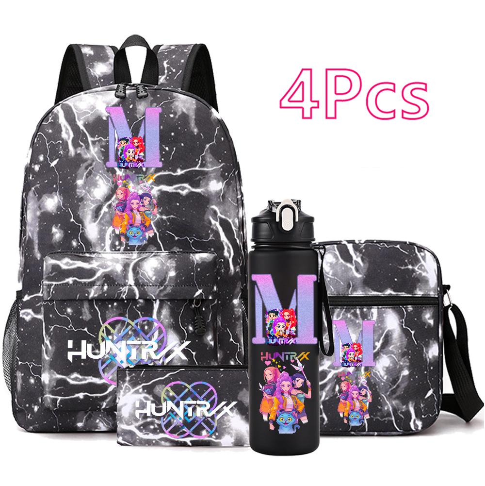 4 Stück/Set Cartoon Anime Aufdruck Rucksack Große Kapazität Schultasche Umhängetasche Tasche mit 750ml Wasserflaschenhalter Junge Mädchen Schultasche