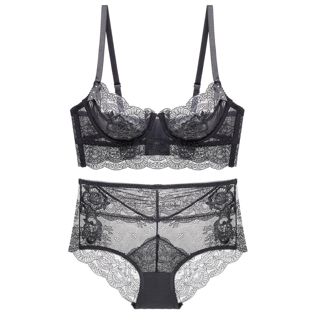 

Комплект ультратонкого кружевного бюстгальтера пуш-ап – Сексуальное нижнее белье больших размеров 95D чёрный