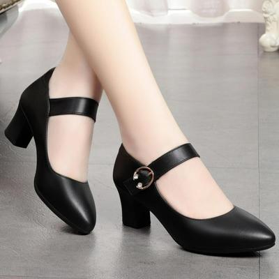 Spring Soft-soled Thick-heeled One-word Buckle High-heeled Single Shoes Women's Mid-heel Pointed Light-buttoned Small Leather Shoes Trend