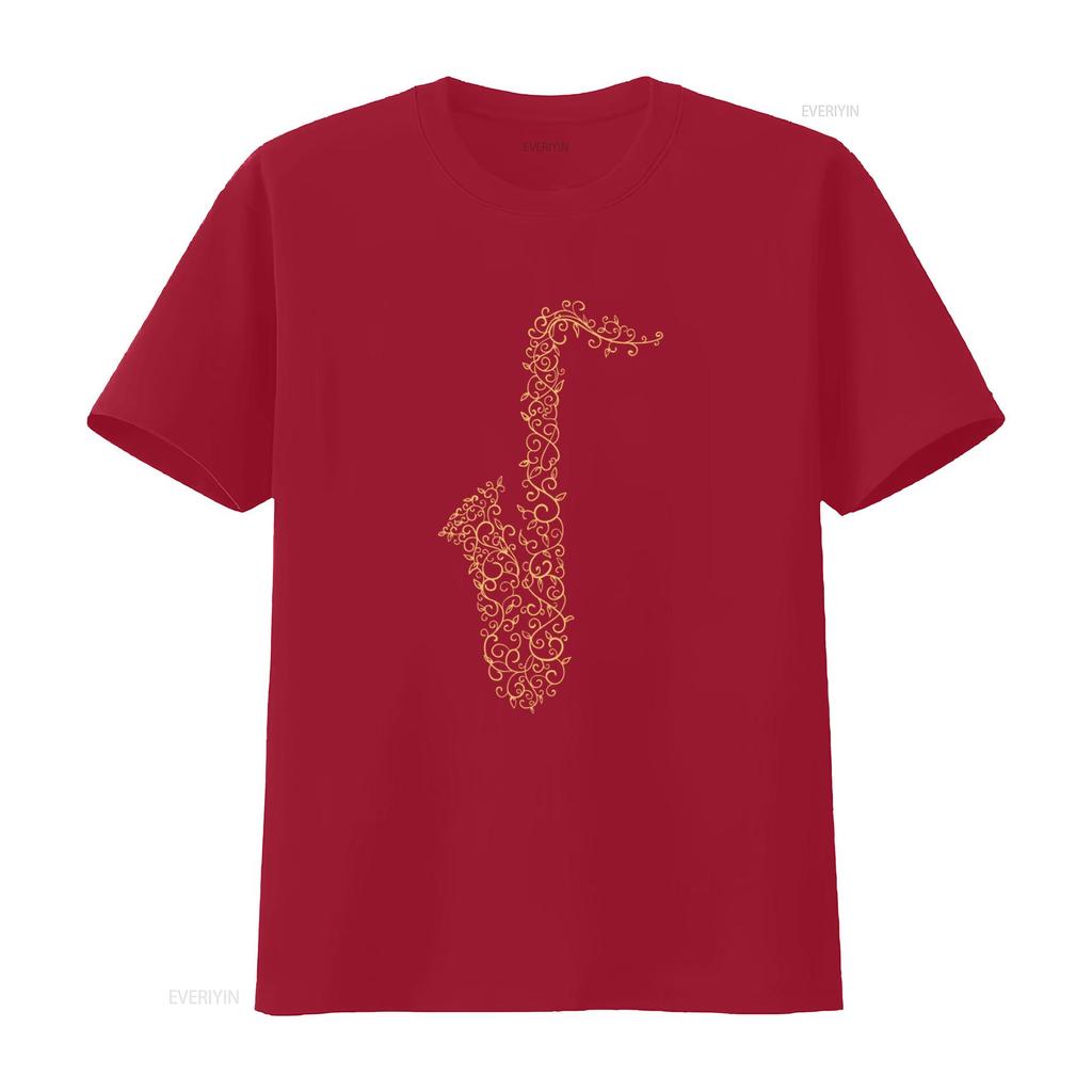 Elegant Gold Vine Wrapped Saxophone Print T Shirt for Music Lovers 100 Cotton vintage Washed homme Casual Soft Breathable
