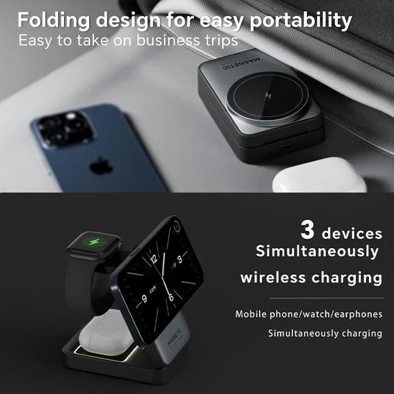 Fast Wireless Charger Travel Foldable MagSafe Charger Stand for iPhone 16 15 Apple Watch and Airpods Pro 3 in 1 Charging Station