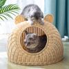 Rattan Woven Cat Bed House Semi-Closed Flat Bottom Cat Nest for Indoor Cat Kitten Hideaway Playing Pet Supplies