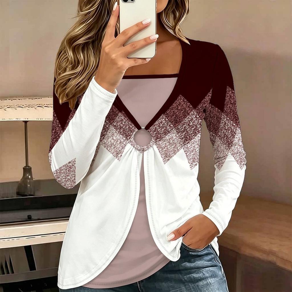 Tops for Women Geometric Pattern Print Long Sleeve Fake Two‑Piece Top Fall Casual Slim Pullover Women's Long Sleeve Top