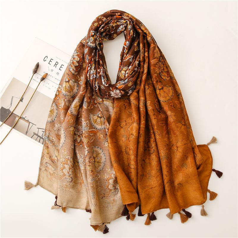 Autumn Fashion Ombre 3-color Aztec Ethnic Floral Tassel Viscose Scarf Lady Gradient Shawls and Wraps Pashmina Stole Muslim Hijab