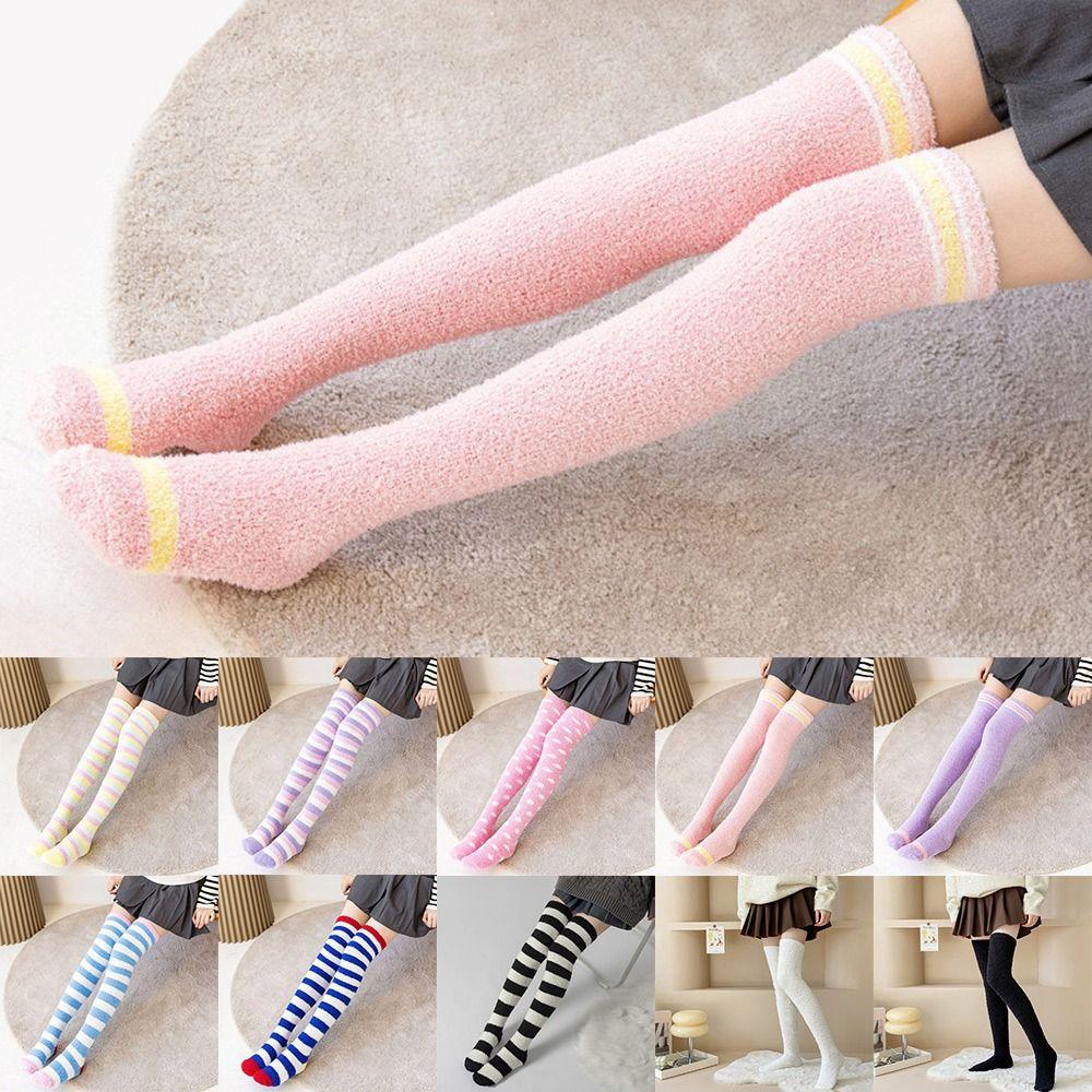 Lange Über-Knie-Socken Korallenrot Samt Warme Beinbekleidung Flauschige Damen-Kniestrümpfe Winter