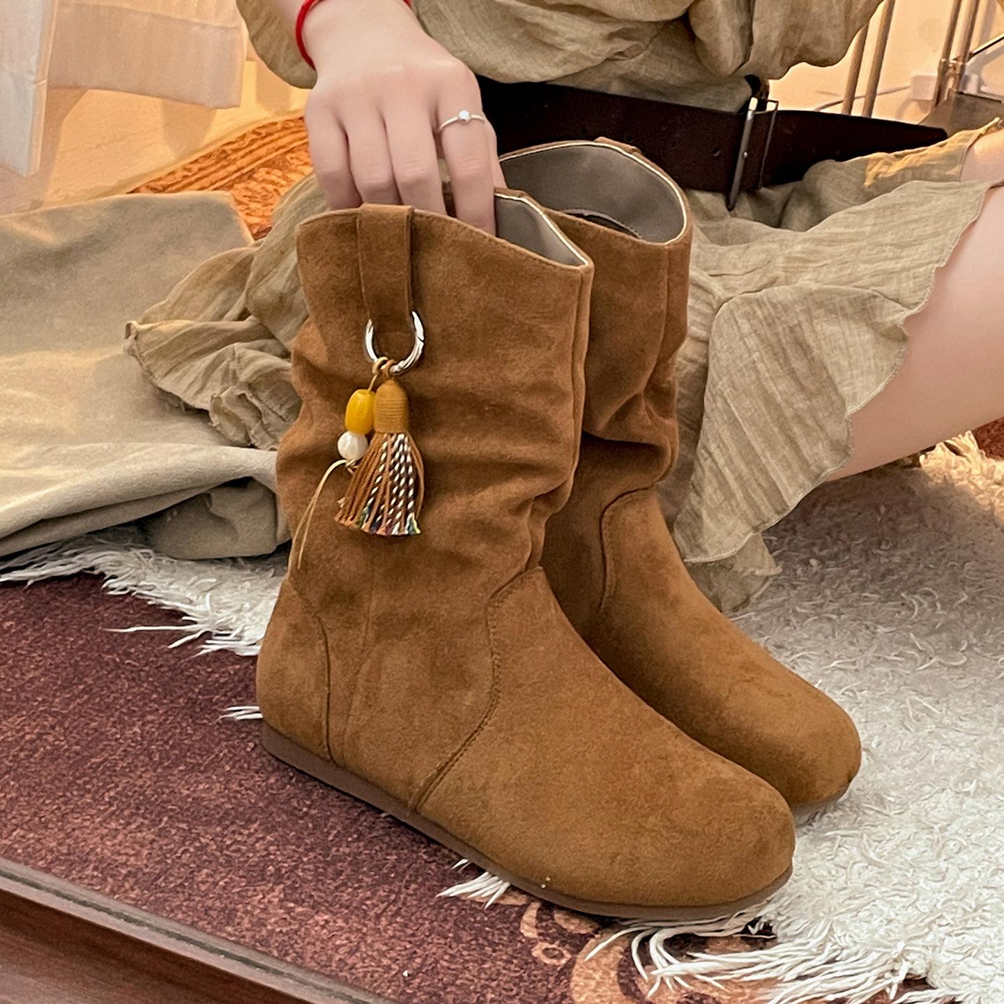 

Retro wasteland wind flat bottom Birkenstock short boots women s 2025 new summer Internet celebrity versatile and thin western pile boots 35 верблюд