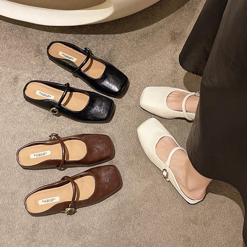 French Bag Head Half Slippers Women's Spring Wear 2025 New Flat-bottomed Fashion with Skirt Muller Lazy Sandals Single Shoes