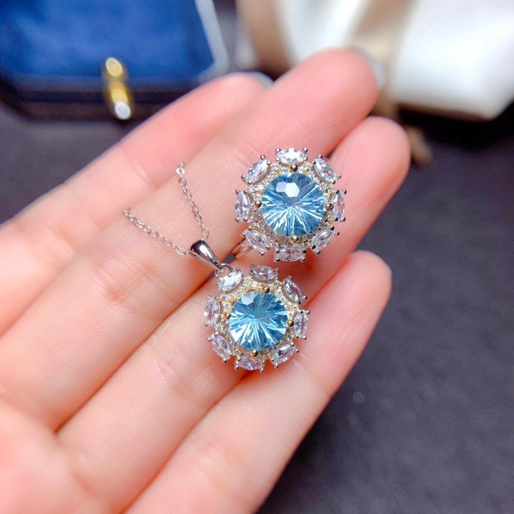Imitation Natural Sky Blue Topaz Jewelry Set Ring Pendant Firework Cut Dual Tone Plated Women Accessories