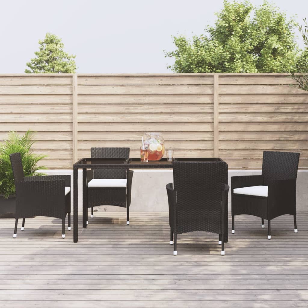 5 Piece Outdoor Dining Set with Cushions Black Poly Rattan