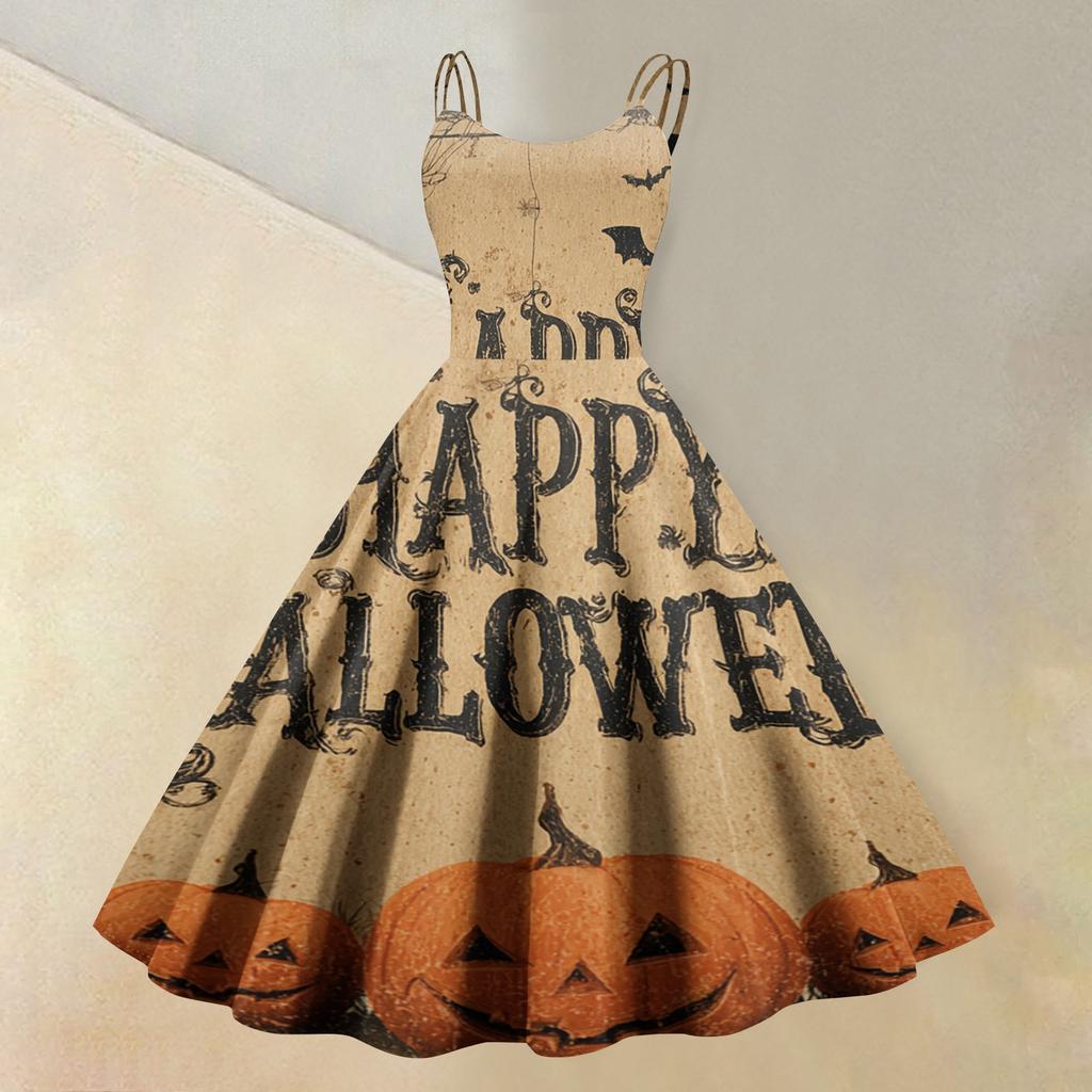 Women's Sleeveless Casual Dress Halloween Print Round Neck Vintage Style Swing Dress with Adjustable Straps for Everyday Wear