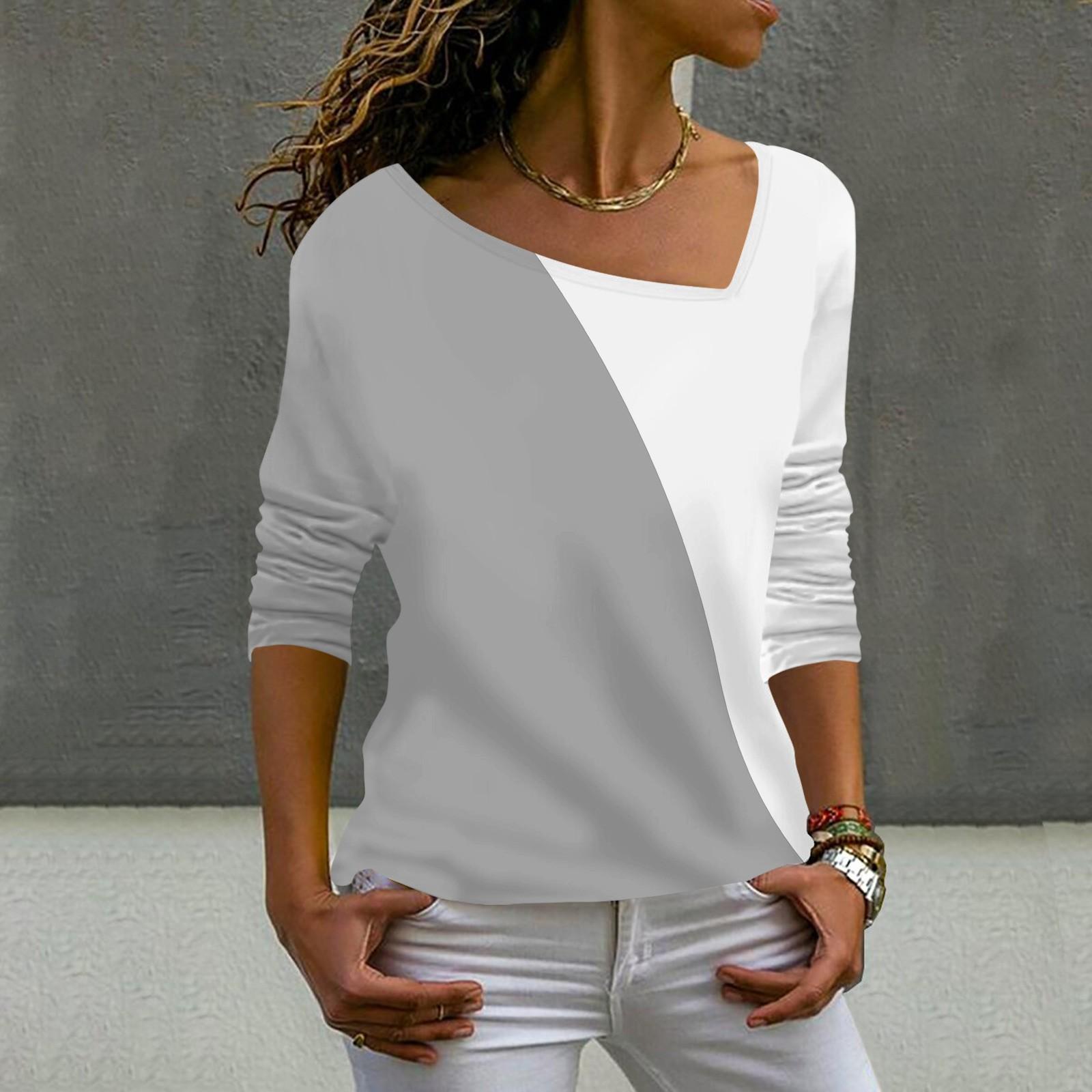 

Женская модная повседневная футболка с длинным рукавом с наклонным вырезом и нерегулярными цветными блоками, топ XL