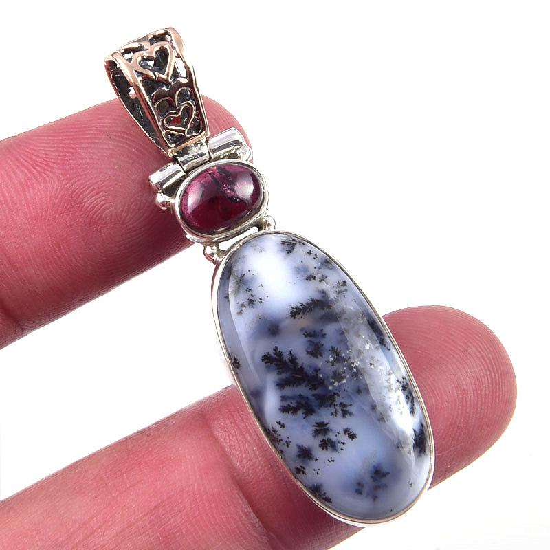 Natural Dendrite Opal Gemstone 925 Solid Sterling Silver Jewelry Pendant 2" w9M25
