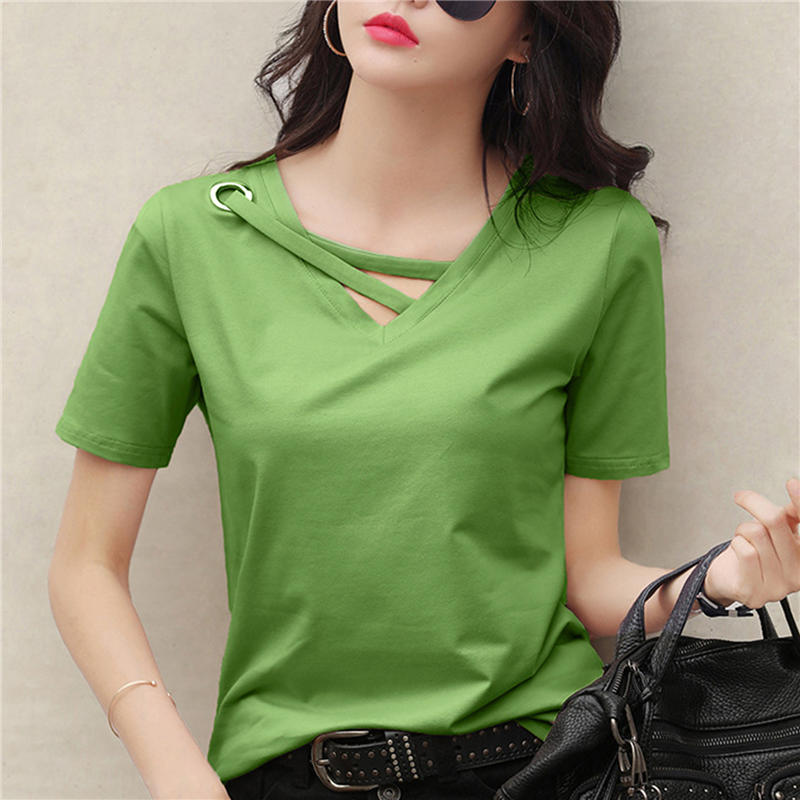 Womens Korean Style Loose V Neck T Shirt Casual Comfortable Oversized Tee Tops