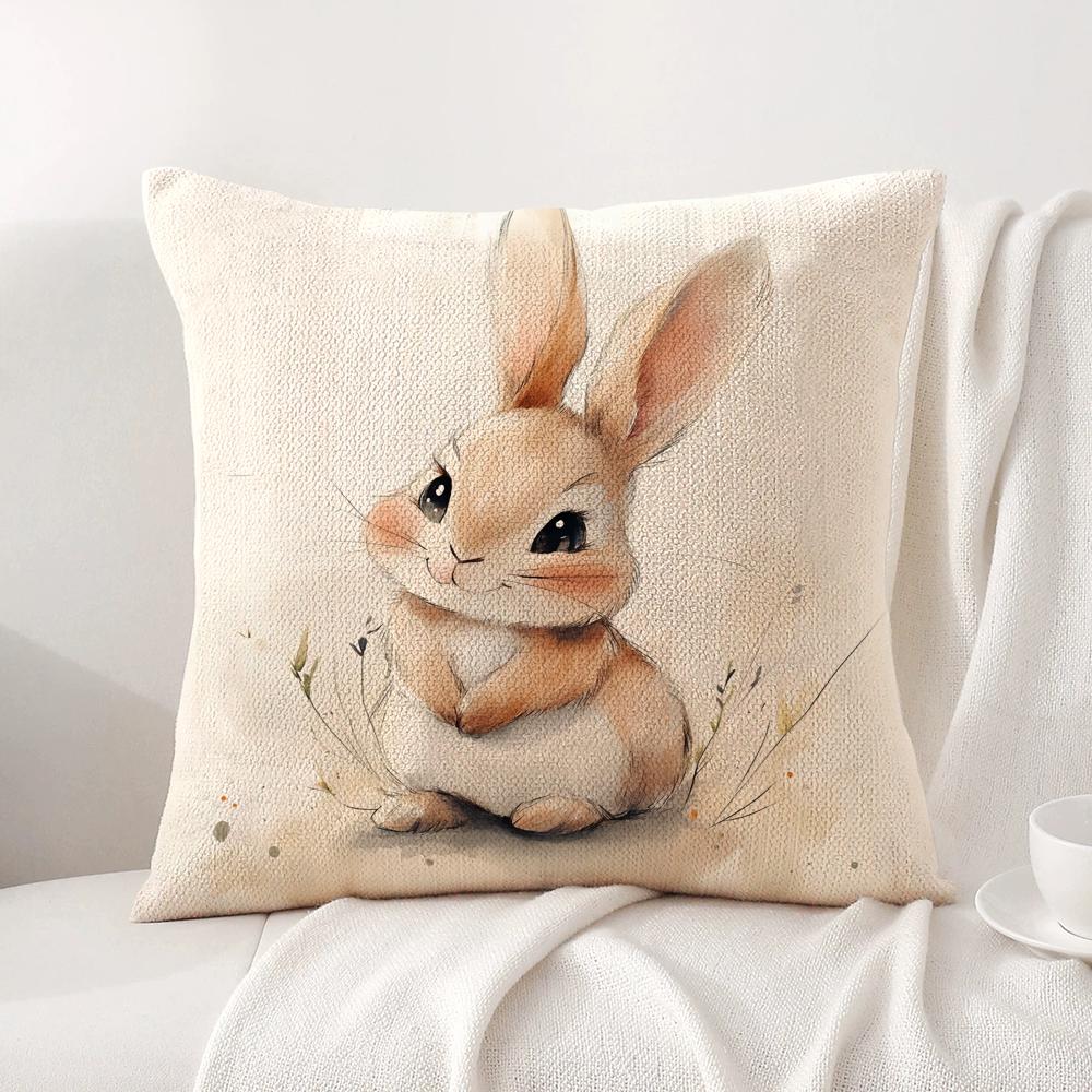 Retro Easter Bunny Cushion Cover Natural Linen Organic Fabric DoubleSided Printing Sofa Home Decor Gift Pillow Cover