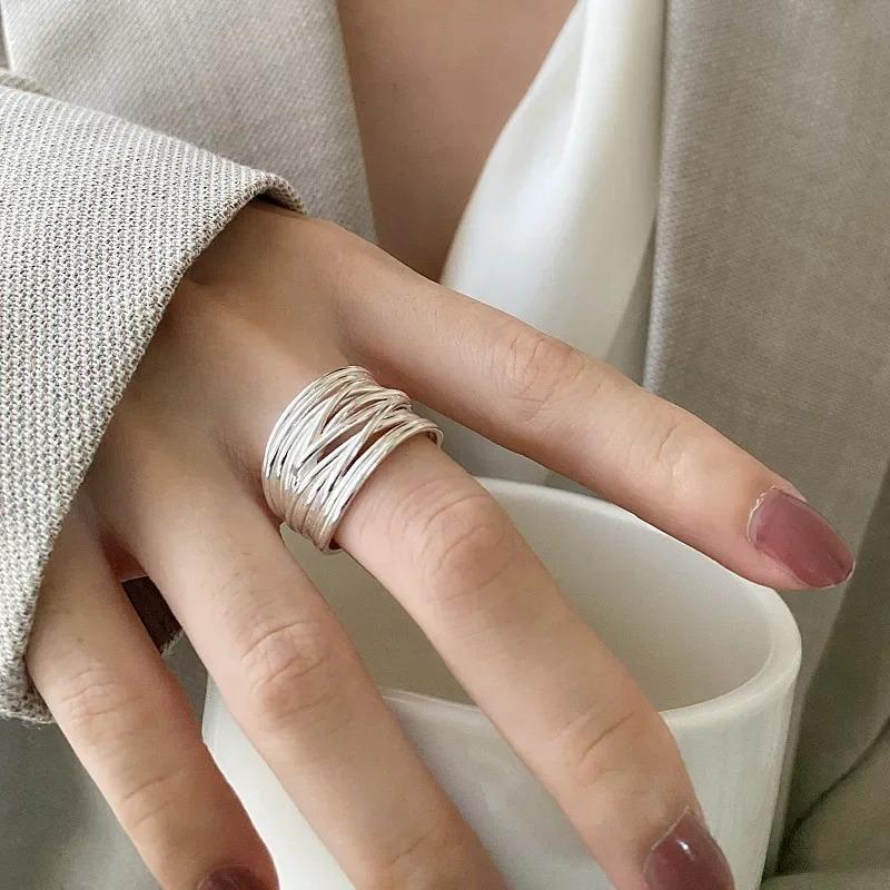 925 Silver Open Rings for Women Fashion Handmade Geometric Irregular Lines Ring Party Wedding Jewelry Holiday Gifts