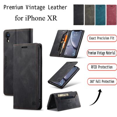 Capa Carteira Flip de Couro Vintage para iPhone XR com Slot para Cartão com Bloqueio RFID, Capa Folio Retrô Fosca para Mulheres Homens (4 cores)