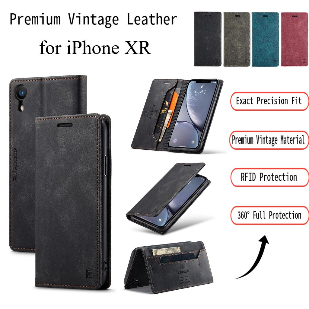 iPhone XR Vintage Leather Flip Wallet Case with RFID Blocking Card Slot, Matte Retro Folio Cover for Women Men (4 Colors)