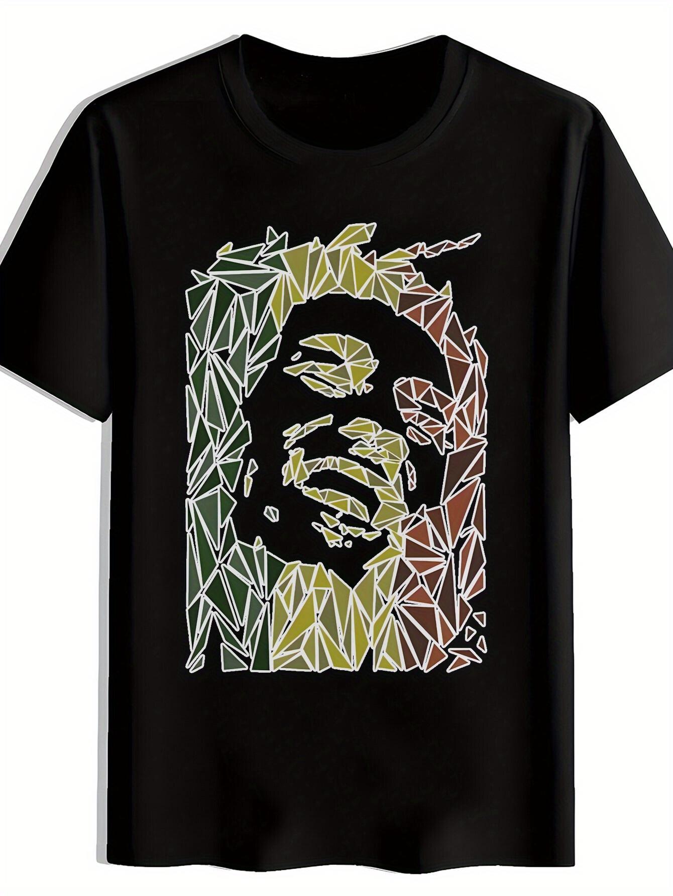 Black T-shirt with Vibrant Geometric Face Print - Short Sleeve L