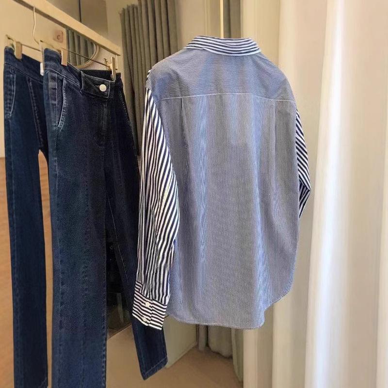 Kadınlar için Şık Mavi & Beyaz Çizgili Uzun Kollu Gömlek - Şık Sonbahar Tasarımı