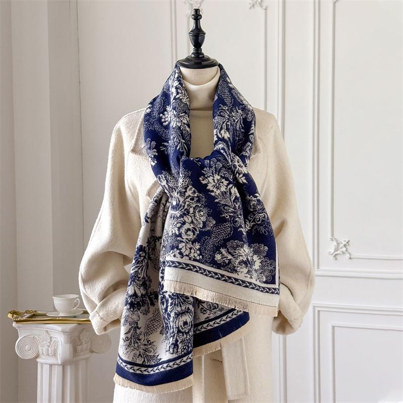 Winter Cashmere Scarf for Women Luxury Warm Shawl Floral Print Windproof Cape Pashmina Handerchief Designer Female Scarf