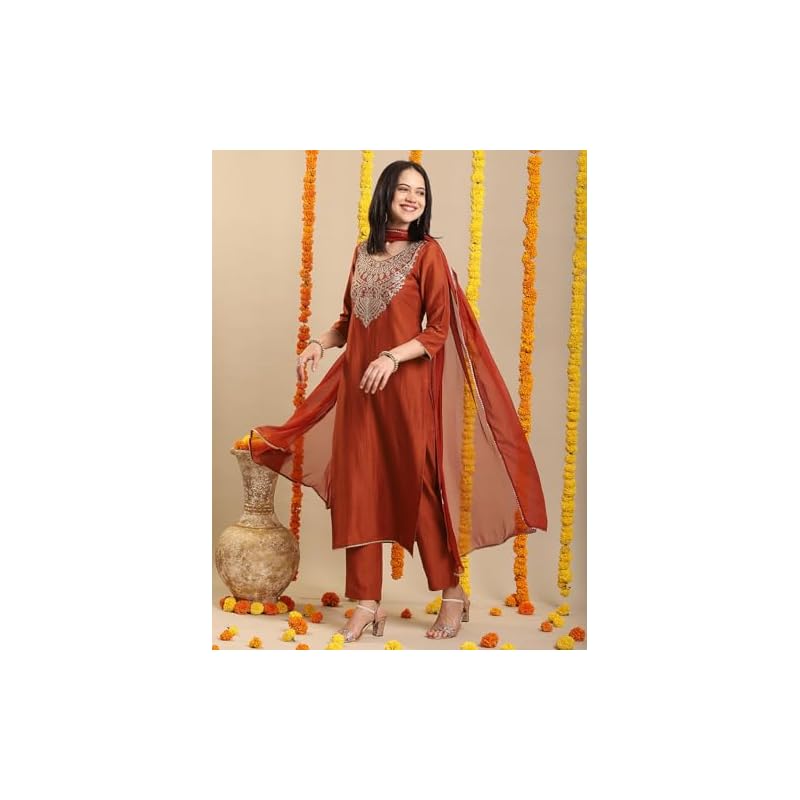 GoSriKi Women s Rayon Blend Straight Embroidered Kurta with Pant & Dupatta (GALPATIYO Mustard-GS_M_Mustard_Medium) M горчичный