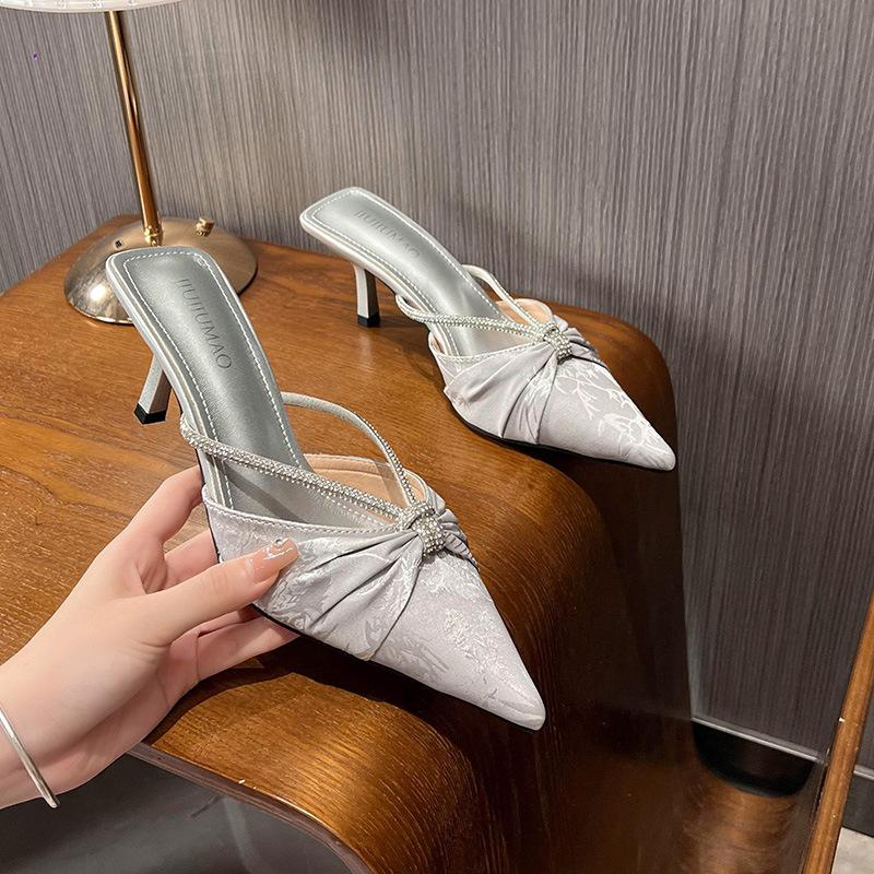 2025 New Chinese Style Satin Pointed Drill Belt Thin Heel Pointed Bag Head Wrinkled Half-drag Temperament Women's Heels