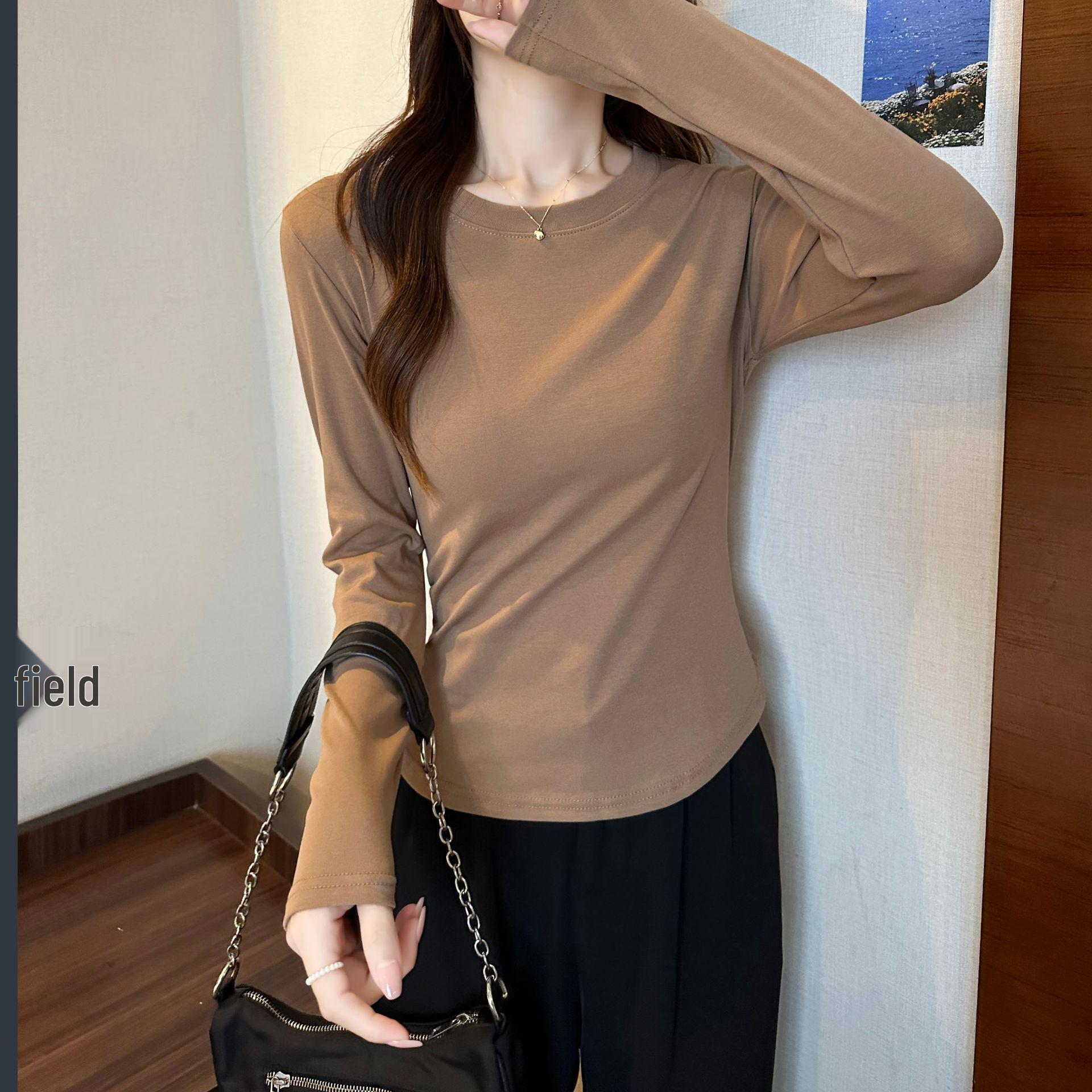 

Женская весенне-осенняя футболка с длинным рукавом из чистого хлопка – Необычный изогнутый пояс, прилегающий базовый топ L (95-110 jin)