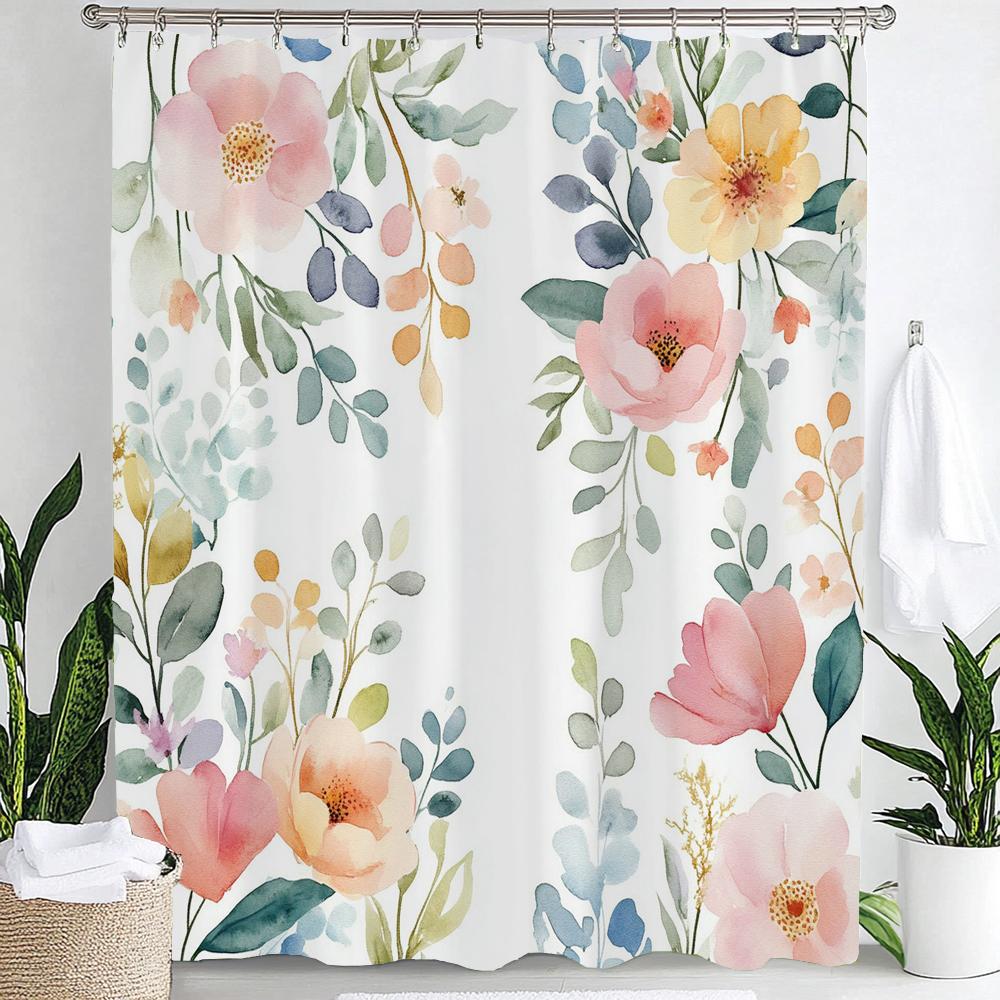 Watercolor Flowers Printed Shower Curtain Bathroom Curtain,Hanging Curtain With 12 Hooks Decoration Machine Washable