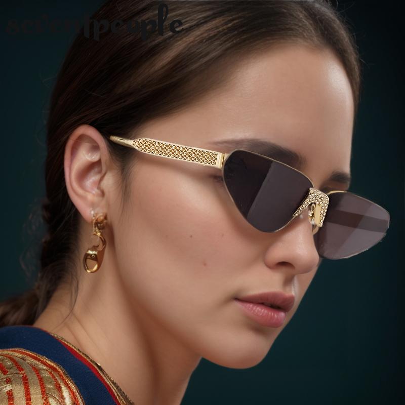 Rimless Rhinestones Punk Sunglasses Women Luxury Brand Design Vintage Metal Small Frame Sun Glasses For Ladies Eyewear