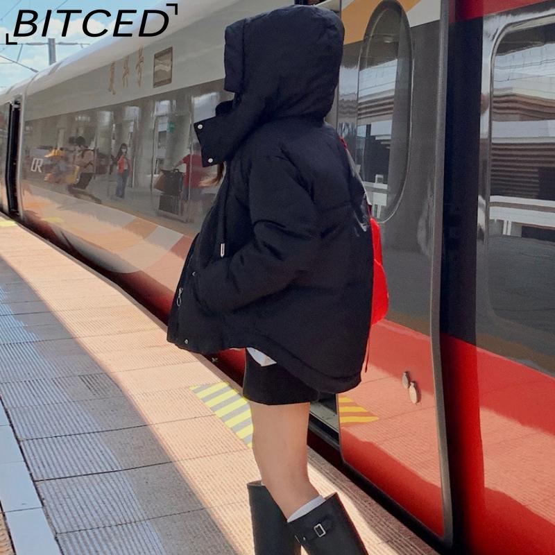 BITCED New Style Women's Winter Short-Length Hooded Puffer Jacket with Design-Forward Thickened Fleece Lining