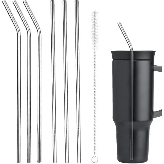 6pcs Stainless Steel Tumbler Straws Replacement for 40oz Cup, Reble Metal Water Bottle Straws with Cleaning Brush Compatible with Owala Part
