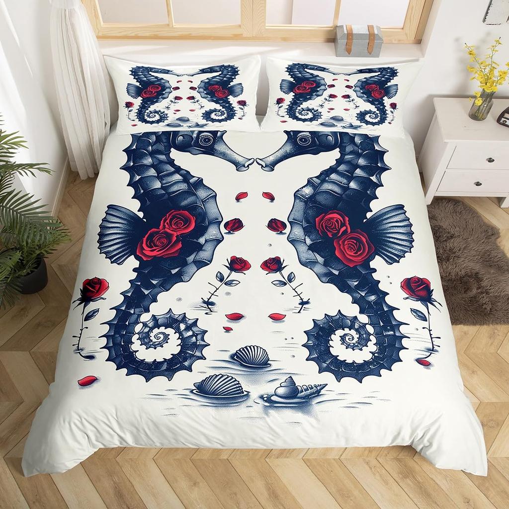 Seahorse Duvet Cover Sets For Kids Teens Queen Lightweight Bedding Sets Ocean Animal Bedspread Covers Bedroom Decor No Comforter