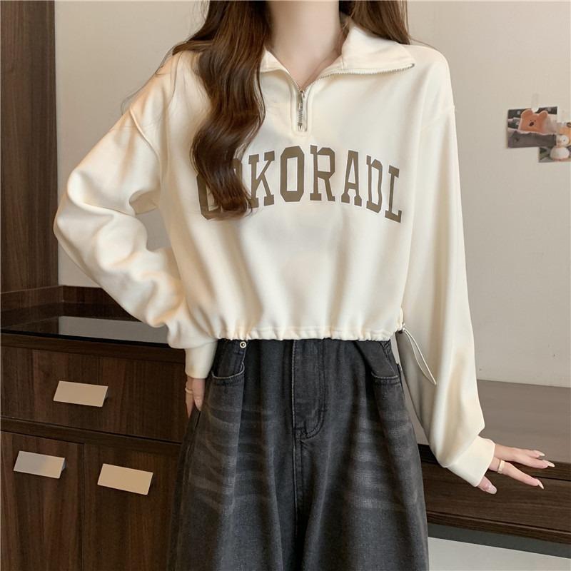 Half zipper PO neck sweater women's thin loose drawstring hem real shot short long sleeves on clothes