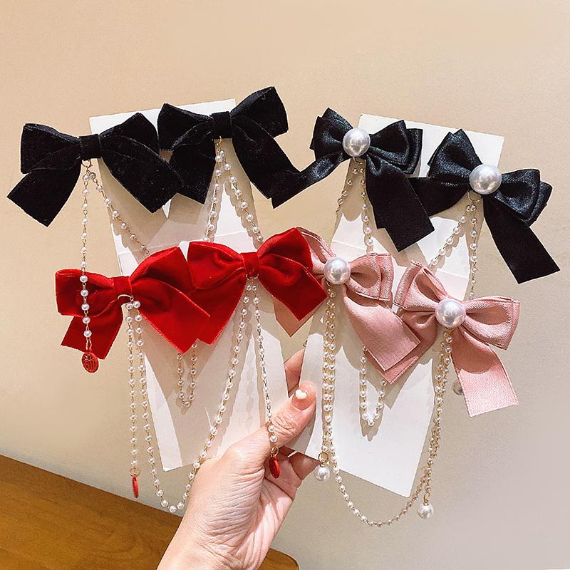 Elegant Vintage Sweet Bow Pearl Tassel Chain Hairpins Sweet Headband Hair Clips For Women Girls Fashion Hair Accessories Gift