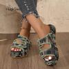 Fashion Camouflage Green Canvas Slide Sandals Woman Chic Fringed Design Buckle Strap Slippers Ladies Cow Print Thick Sole Mule Shoes