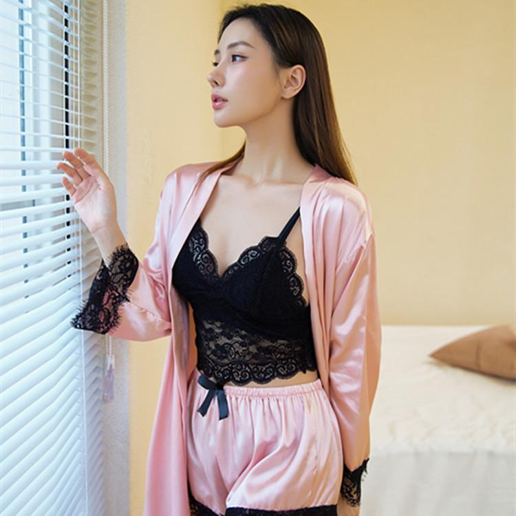 European & American Lace Satin Women's 4-Piece Pajama Set - Sexy, Seductive Nightgown & Robe