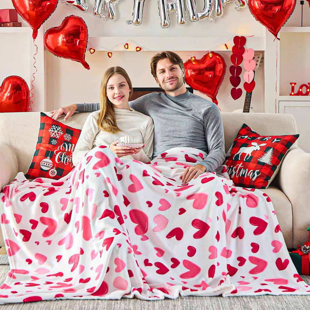 Pink heart-shaped pattern Printed Blanket for Sofa Bed Travel Camping Living Room Office Conditioning Blanket
