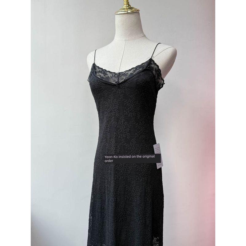 Foreign Trade Order Lu * H Black Lace Sling Sexy Pure Style Slim Fit Semi-Transparent Suspender Skirt Midi Dress