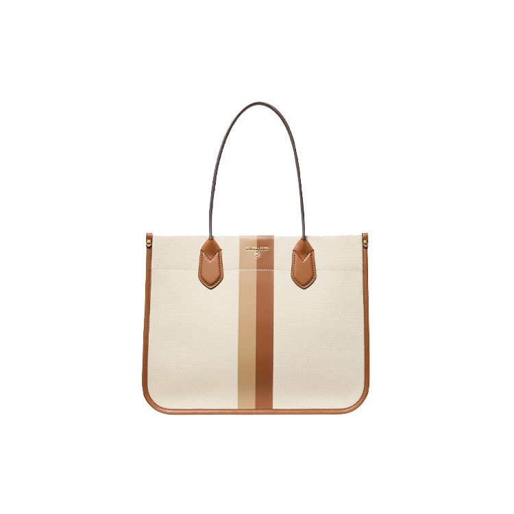 Michael Kors Heidi Color Block Striped Commuter Fashion Large Capacity Cotton Tote Bag Women Tote Brown Beige 30S2GH6T3C-299