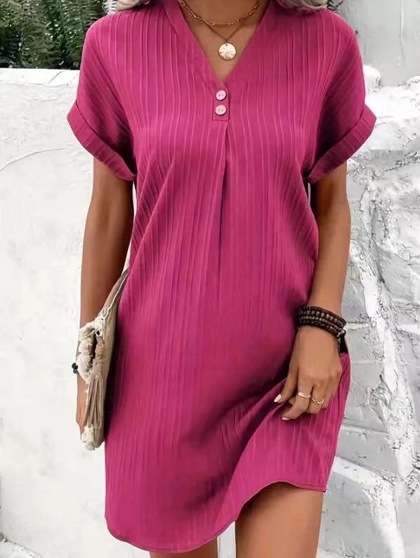 European & American Women's V-neck Solid Color Pullover Dress - 2023 Casual Fashion, Button Detail.