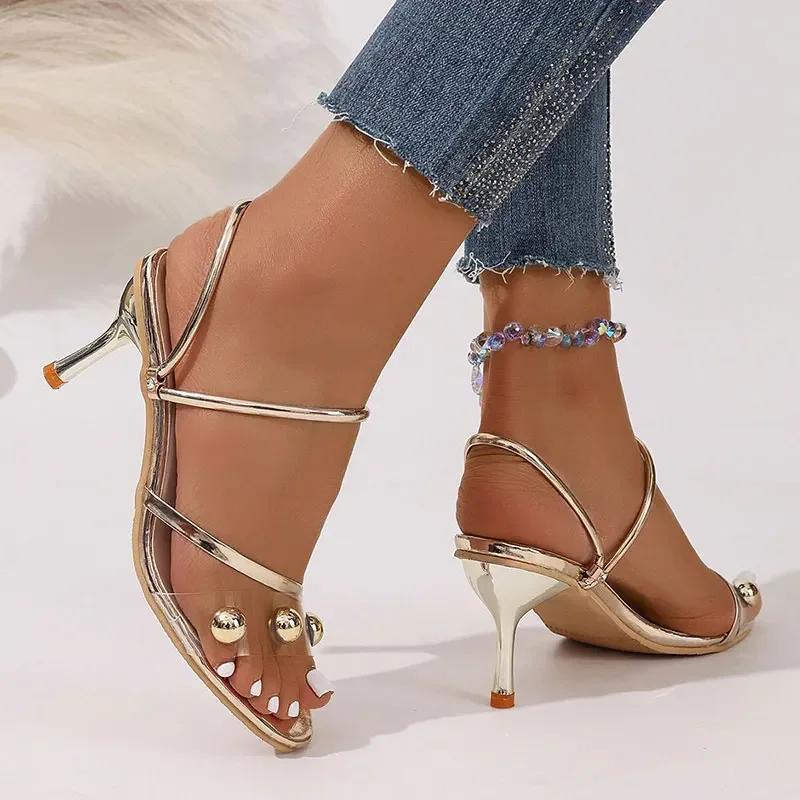 Fashion Metal Ball Decor High Heel Sandals for Women Luxury Gold Thin Heeled Party Shoes Woman Plus Size Comfort Non Slip PVC Sandals