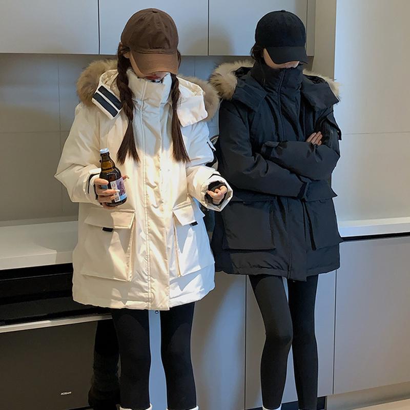 Roupa de Trabalho Outono e Inverno com Gola de Pele, Jaqueta Parker de Algodão com Penas, Jaqueta de Algodão Moda Americana, Jaqueta Quente Média a Longa, Roupa Exterior de Algodão Casual