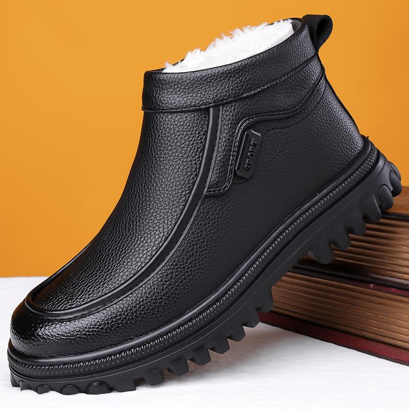 

Чоловічі шкіряні черевики хай-топи середнього віку, нові зимові вироби, на хутрі та утеплені теплі снігоходи, бавовняні шкіряні черевики 44