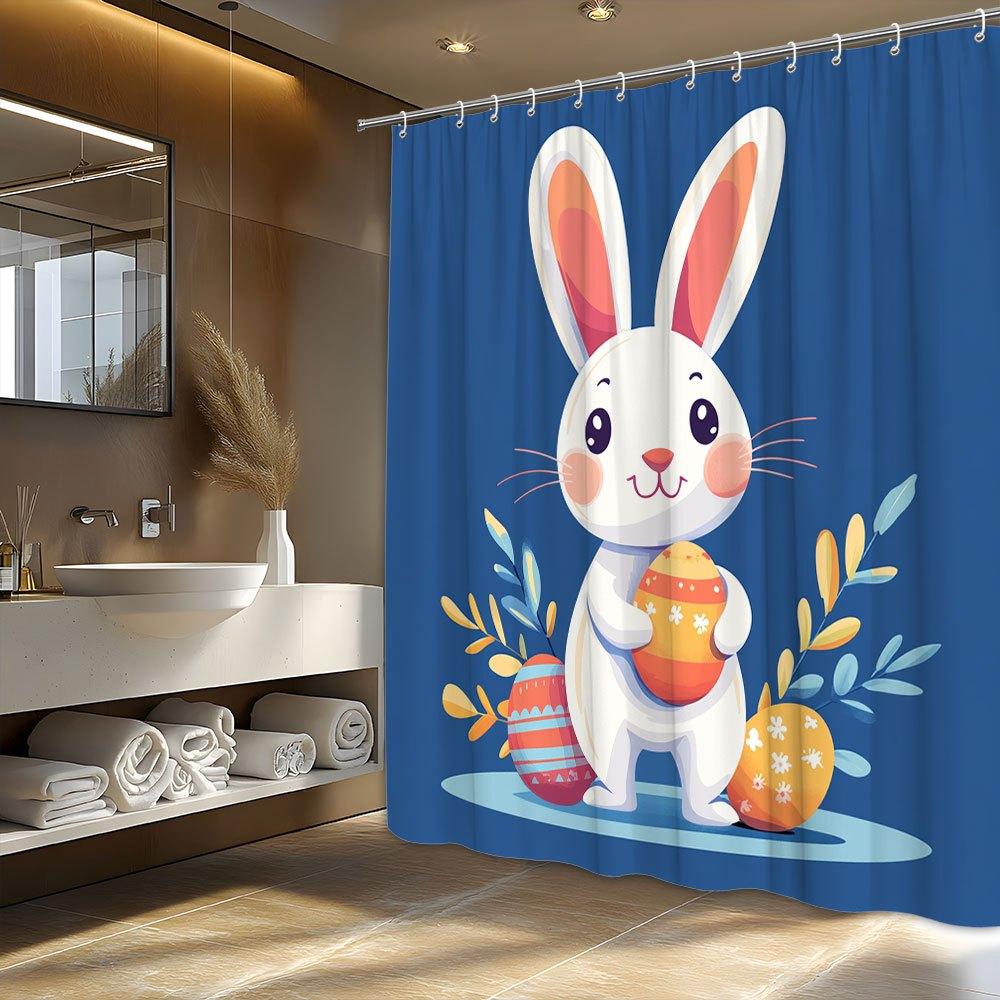 

Cheerful Bunny Shower Curtain - Striped Easter Eggs & Snowflakes, Vibrant Colors, Polyester, Perfect for Spring W90XH180cm