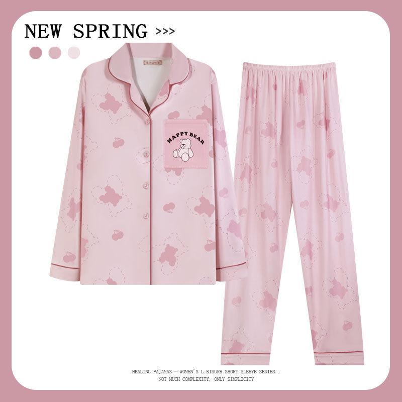 Cartoon Bear Spring and Autumn French Pajamas Female Cartoon Imitation Cotton Long-sleeved Trousers Cloud Cotton Casual Loungewear Set