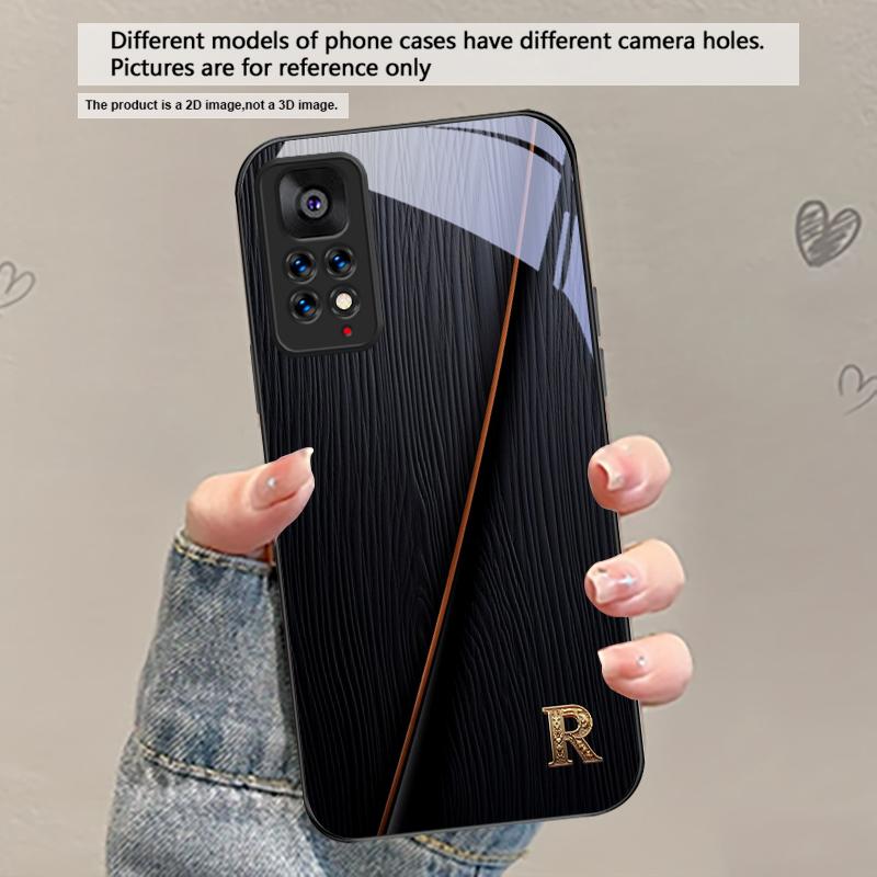 Elegant letter 'S M R' For Redmi Note 14 Pro+ 13 Pro 8 9 9S 12S 10 Pro 11 12 13C 14C A3 12 13 K60 Ultra Black Glass Phone Case