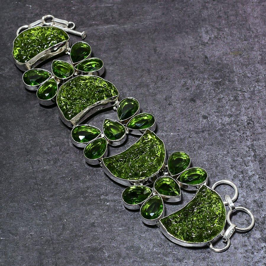 Natürlicher Moldavit-Quarz, Peridot 925 Sterlingsilber Armband 7-8" A5L77