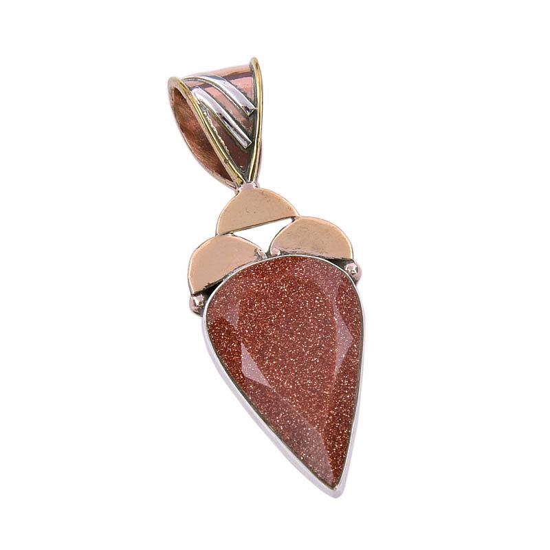 Natural Sunstone Gemstone 925 Solid Sterling Silver Two Tone Pendant 1.50" V7Z81