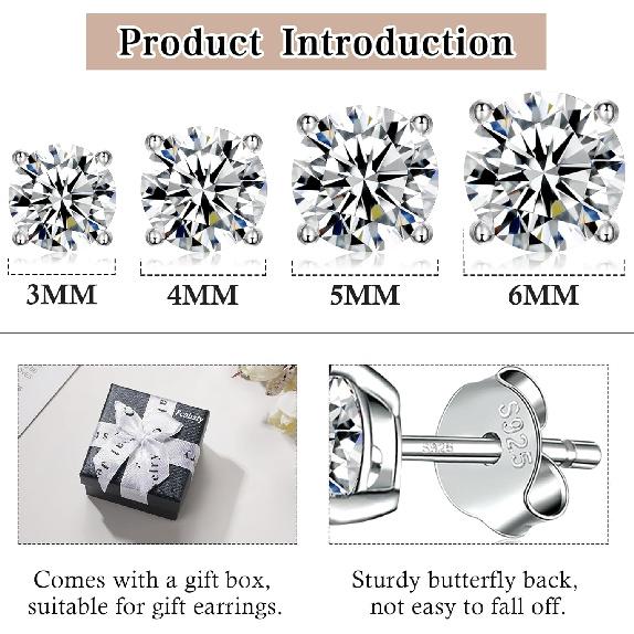 925 Sterling Silver Stud earrings Set | White Gold Plated Hypoallergenic Stud Earrings | Cubic Zirconia Stud Earrings for Women